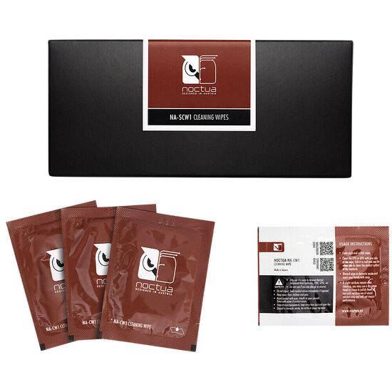 Lot de lingettes de nettoyage Noctua NA-CW1 présentées dans leur boîte noire et en plusieurs sachets individuels rouges.