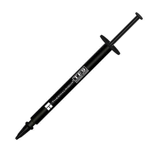 Pâte thermique Thermalright TF9 présentée dans un tube noir avec une seringue pour l'application.