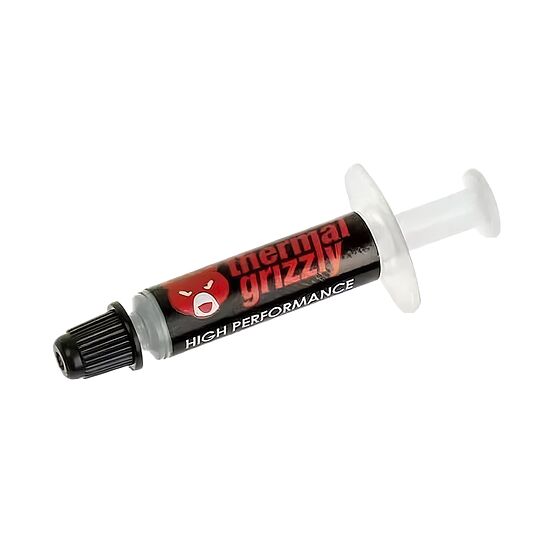 Pâte thermique Thermal Grizzly présentée dans une seringue pour le refroidissement des composants informatiques.