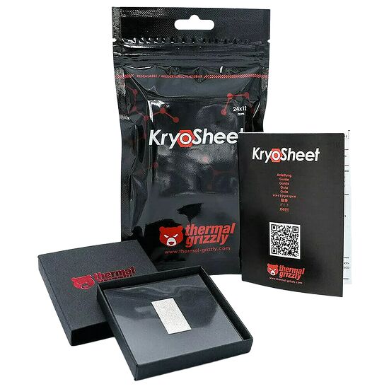 Un sachet de KryoSheet de la marque Thermal Grizzly, accompagné de sa boîte d'emballage noire et d'une fiche d'instructions.
