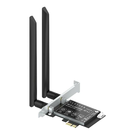 Carte réseau PCIe Txtorm avec deux antennes noires pour le Wi-Fi et le Bluetooth.