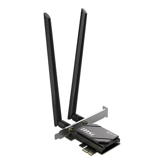 Carte réseau Wi-Fi MSI avec deux antennes noires pour une connexion sans fil performante.
