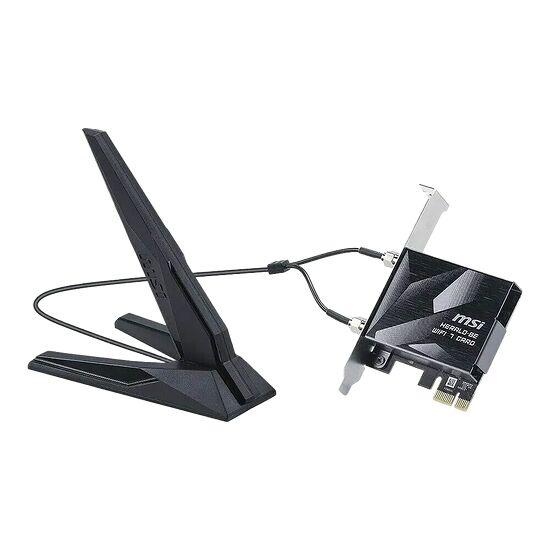 Carte réseau MSI Herald BE WiFi 7 avec son antenne externe noire reliée par un câble.