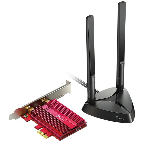 Carte réseau PCIe TP-Link rouge avec antennes externes et un adaptateur Wi-Fi TP-Link noir avec deux antennes.