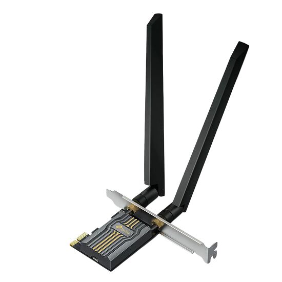 Carte réseau PCIe TP-Link avec deux antennes noires pour une connexion Wi-Fi stable.