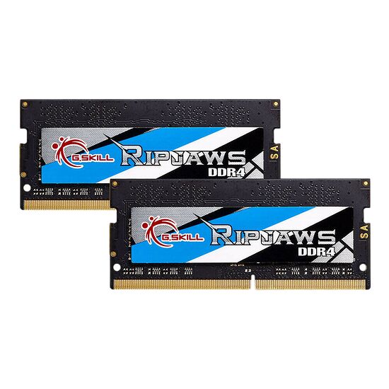 Deux barrettes de mémoire vive G.Skill Ripjaws DDR4 avec un dissipateur thermique noir et des détails graphiques bleus et blancs.