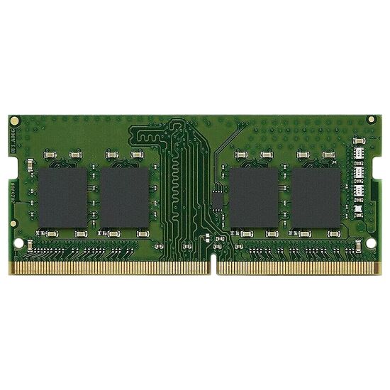 Barrette de mémoire vive RAM DDR4 sur circuit imprimé vert avec plusieurs puces de mémoire noires.