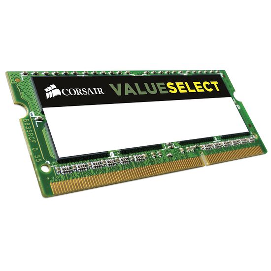 Barrette de mémoire vive Corsair ValueSelect avec un circuit imprimé vert et des connecteurs dorés.