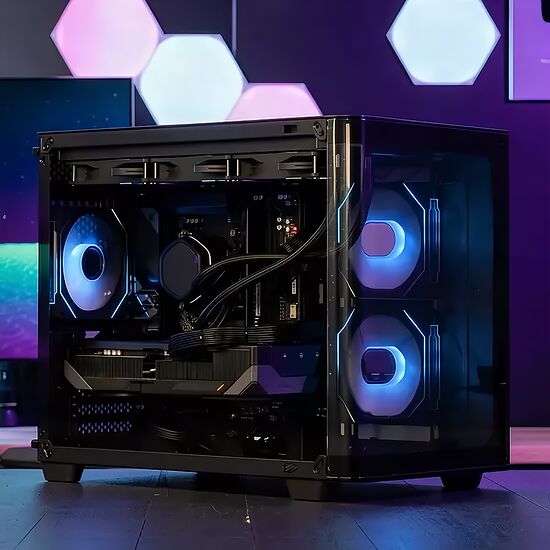 Un PC avec un boîtier noir vitré laissant apparaître des composants avec un éclairage LED bleu, notamment deux ventilateurs sur la façade latérale.