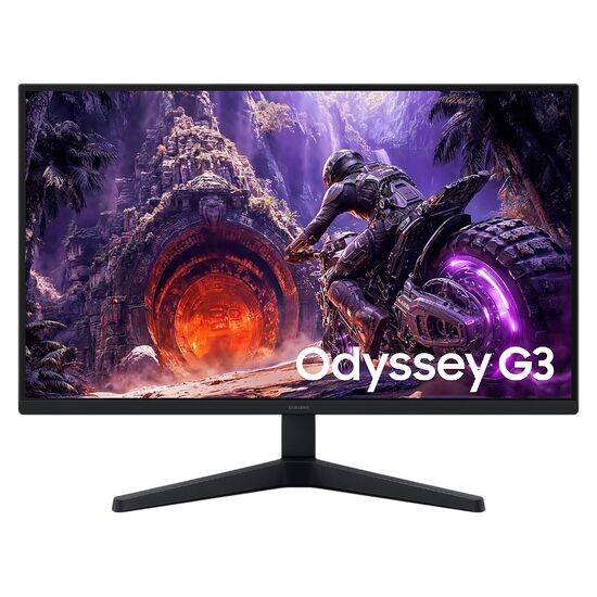 Écran de jeu Samsung Odyssey G3 affichant une scène d'action fantastique avec un motard sur une moto futuriste.