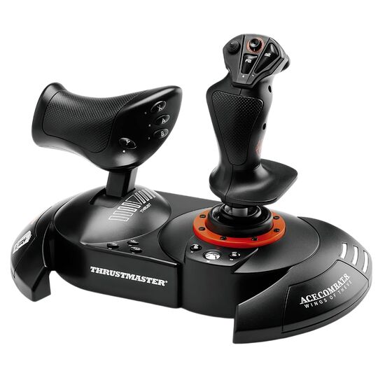 Manette de vol Thrustmaster Ace Combat 7, comprenant un joystick et une manette de gaz noire avec des détails rouges.