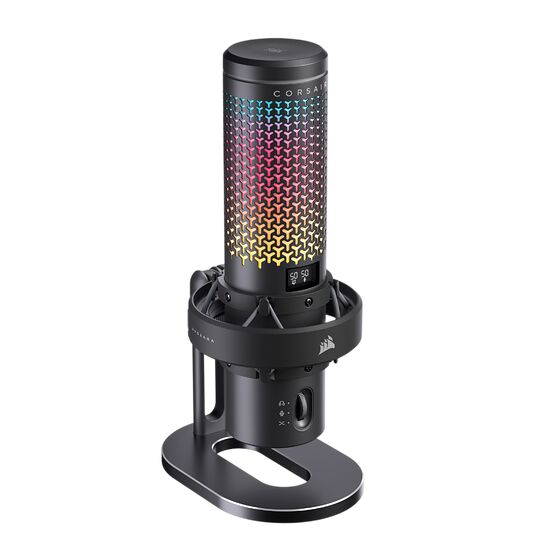 Enceinte Bluetooth Corsair avec éclairage RGB multicolore sur toute la hauteur du cylindre et base de support noire.