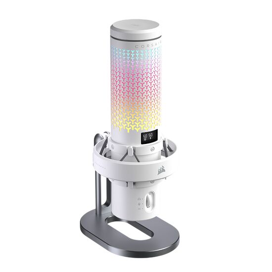 Un purificateur d'air Corsair blanc avec un éclairage RGB multicolore sur sa partie supérieure et un petit écran digital affichant des indicateurs.