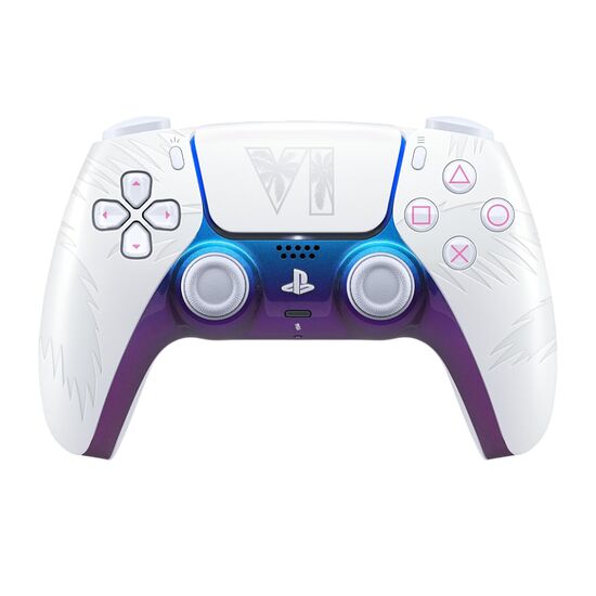 Manette PlayStation blanche avec des motifs de palmiers gris clair et des touches de couleur sur fond noir.