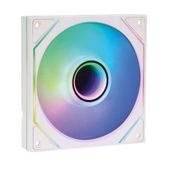 Ventilateur de boîtier PC blanc avec éclairage RGB multicolore sur les pales et le contour.