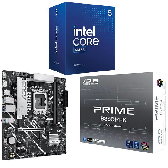 Une carte mère ASUS Prime B860M-K et sa boîte, accompagnées d'un processeur Intel Core Ultra Series 2.