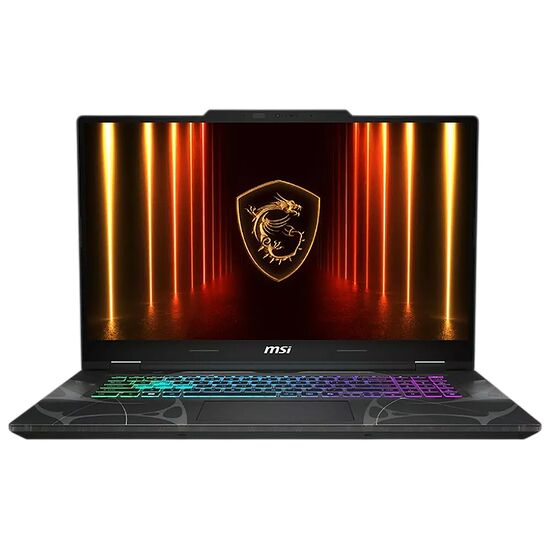 Ordinateur portable MSI avec un clavier rétroéclairé multicolore et un écran affichant un logo de dragon doré sur fond rouge et noir.