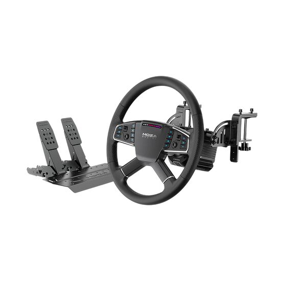 Volant de simulation Moza Racing avec pédalier en métal, conçu pour le gaming sur PC.
