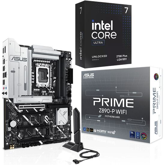 Carte mère ASUS Prime Z890-P WiFi accompagnée de son processeur Intel Core Ultra.