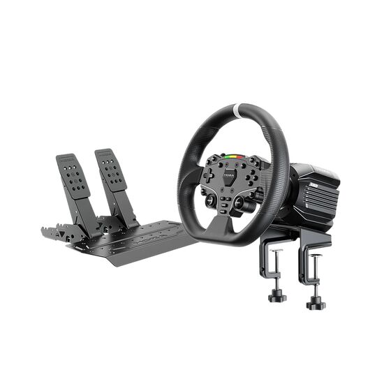 Un ensemble de simulation de course comprenant un volant Moza avec pédales et une base de retour de force, le tout de couleur noire.