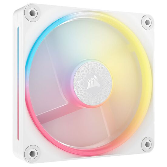 Ventilateur Corsair blanc avec un éclairage RGB multicolore sur les pales et le contour.
