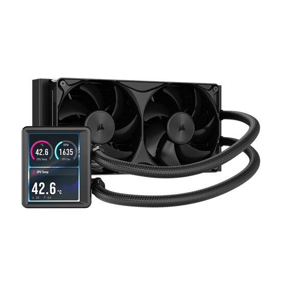 Refroidisseur liquide Corsair avec deux ventilateurs noirs et un écran LCD affichant la température du CPU et la vitesse du ventilateur.