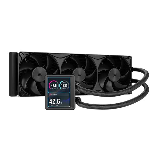 Watercooling Corsair avec un écran LCD intégré affichant la température du CPU et la vitesse du ventilateur, accompagné de trois ventilateurs noirs.