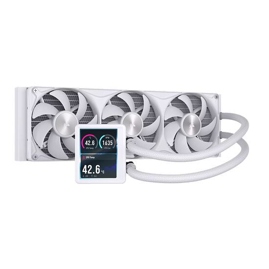 Refroidisseur liquide AIO blanc avec trois ventilateurs et un écran LCD intégré affichant la température du processeur et la vitesse du ventilateur.
