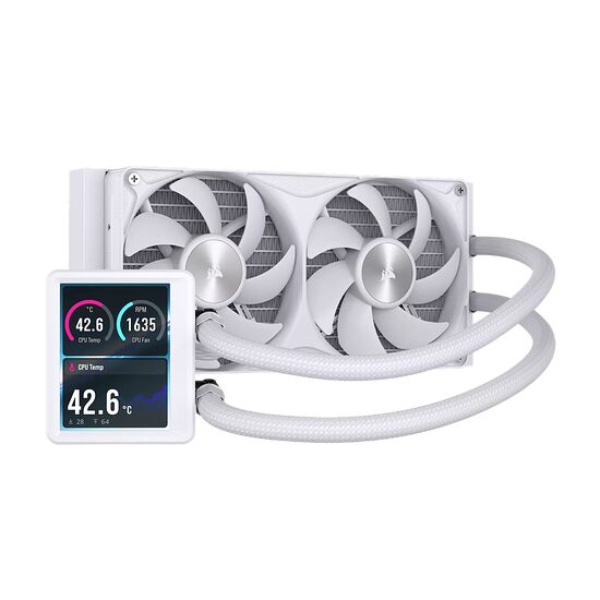 Refroidisseur liquide Corsair blanc avec deux ventilateurs et un écran LCD affichant la température du CPU et la vitesse du ventilateur.