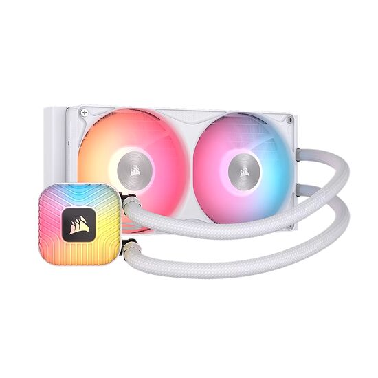 Refroidissement liquide Corsair blanc avec deux ventilateurs RGB colorés et un bloc de pompe lumineux assorti.