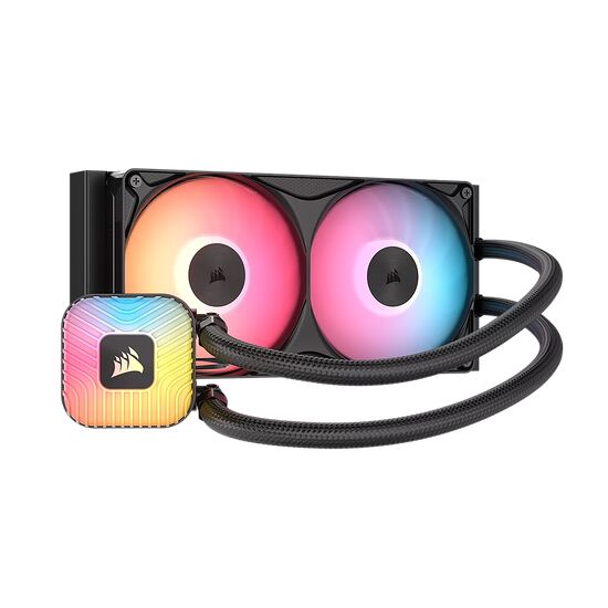 Watercooling AIO Corsair avec deux ventilateurs RGB colorés et un bloc de pompe affichant un éclairage multicolore.