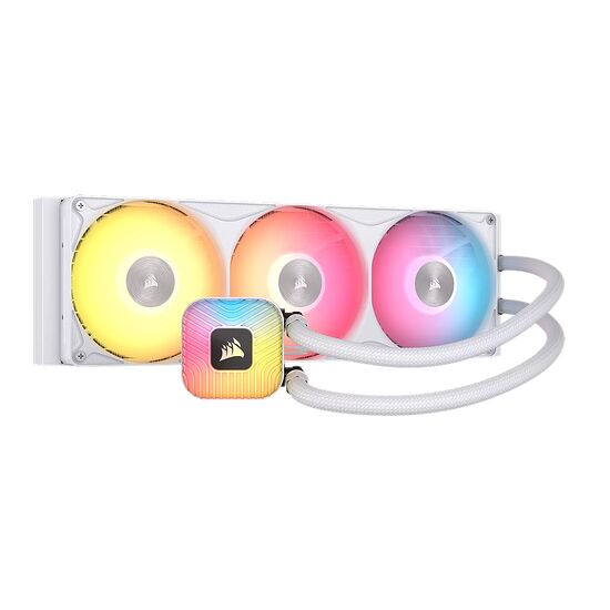 Watercooling AIO Corsair blanc avec trois ventilateurs à éclairage RGB multicolore et tuyaux tressés blancs.