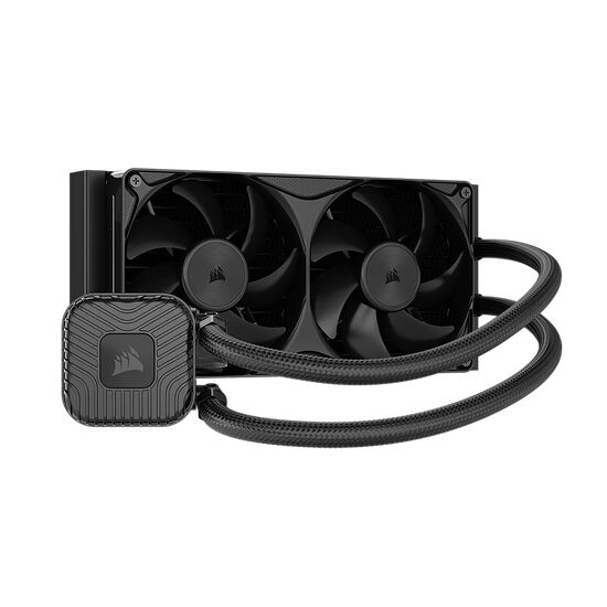 Refroidissement liquide Corsair avec deux ventilateurs noirs et un bloc de pompe texturé.