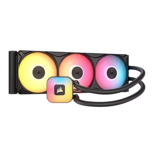 Refroidisseur liquide Corsair avec trois ventilateurs RGB colorés et un bloc de refroidissement avec écran LCD intégré.