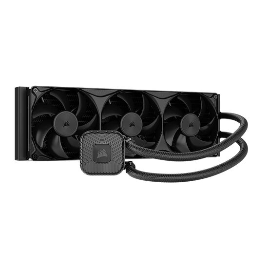 Refroidisseur liquide Corsair avec trois ventilateurs noirs et un bloc de pompe compact.