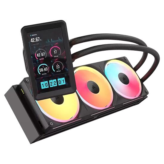 Un kit de refroidissement liquide avec un radiateur équipé de trois ventilateurs RGB et un écran LCD affichant les températures du processeur et de la carte graphique.