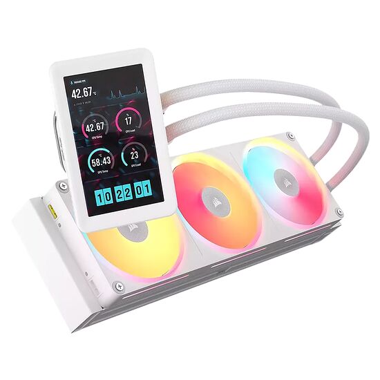 Refroidisseur liquide Corsair avec un écran LCD intégré affichant les températures du processeur et de la carte graphique, accompagné de trois ventilateurs à éclairage RGB.