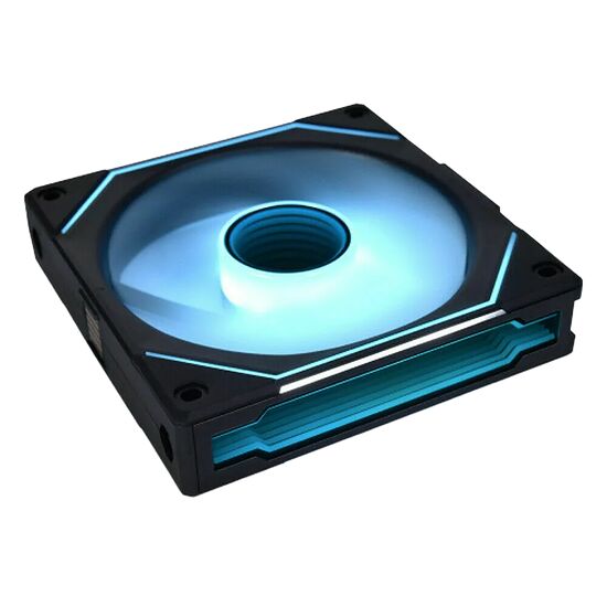 Ventilateur de boîtier PC avec éclairage LED bleu et cadre noir.