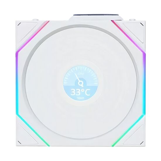 Ventilateur de processeur blanc avec éclairage RGB sur les côtés et un écran central affichant une température de 33°C.