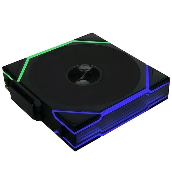 Lecteur de disque externe noir avec un éclairage LED bleu et vert sur les contours.