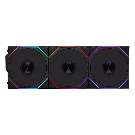 Trois ventilateurs de PC noirs avec un éclairage RGB multicolore sur les bords.