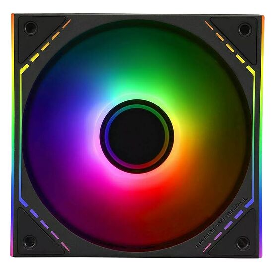 Ventilateur PC Thermalright avec éclairage RVB multicolore sur les bords et au centre.