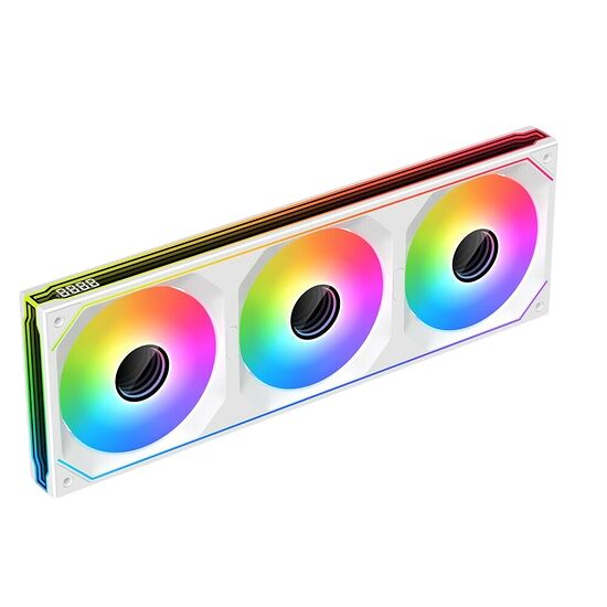Ventilateur de PC blanc avec trois pales rétroéclairées par une lumière RGB multicolore et un petit écran numérique sur le côté.