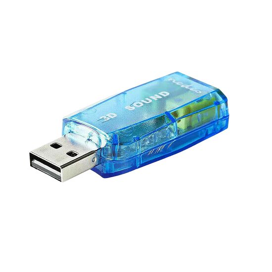 Adaptateur USB bleu transparent avec l'inscription "3D SOUND", servant de carte son externe pour PC.