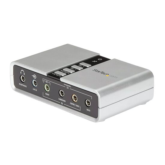 Carte son externe StarTech.com avec plusieurs sorties audio pour casque, haut-parleurs 7.1 et entrées ligne. Elle dispose de boutons de contrôle du volume et du micro sur le dessus.