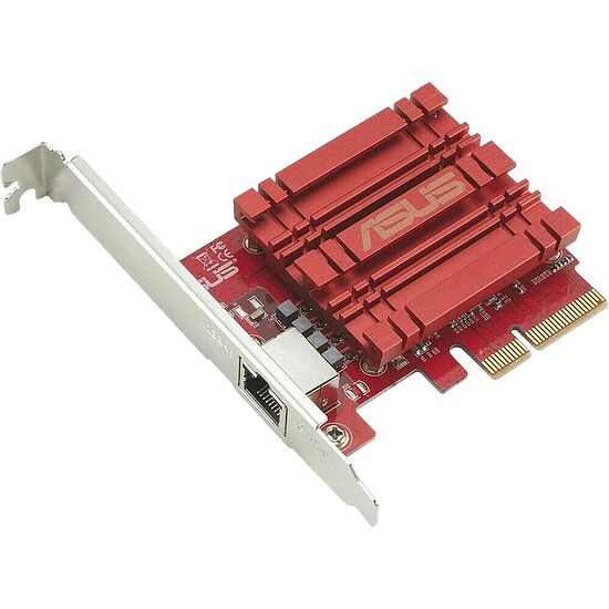 Carte réseau ASUS avec un dissipateur thermique rouge et un port Ethernet.