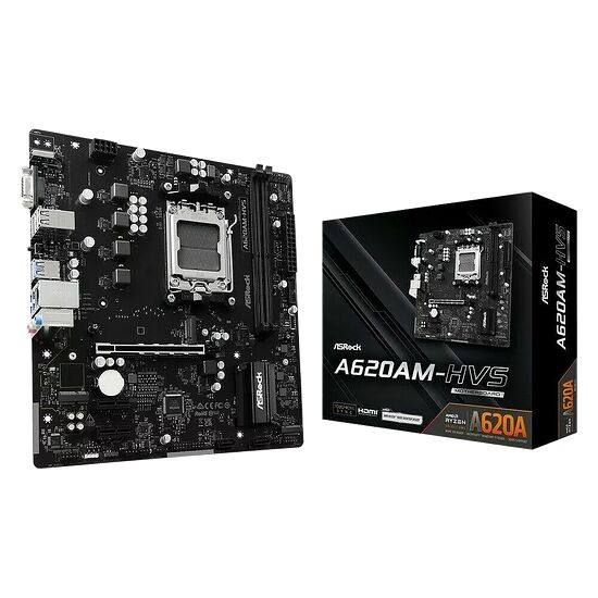 Carte mère ASRock A620AM-HVS noire avec son emballage, présentant divers ports de connexion et un emplacement pour processeur.