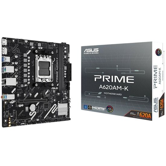 Carte mère ASUS Prime A620AM-K avec son emballage, présentant des connecteurs variés et un design noir et gris.