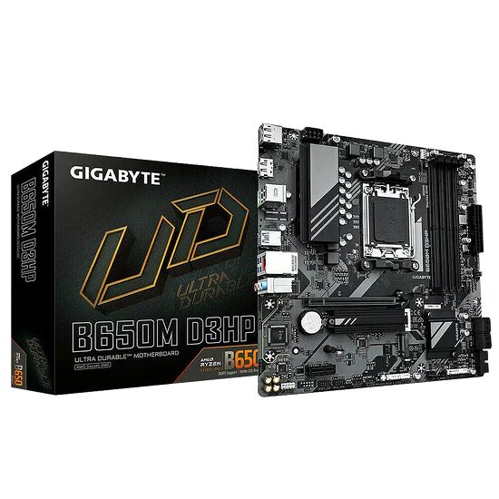 Carte mère Gigabyte B650M D3HP présentée avec sa boîte d'emballage noire et dorée.