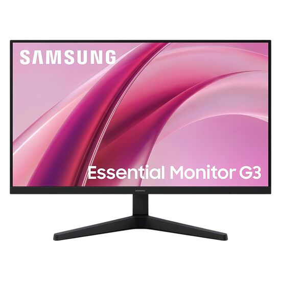 Écran Samsung Essential Monitor G3 affichant un fond d'écran abstrait rose et violet sur un pied noir.